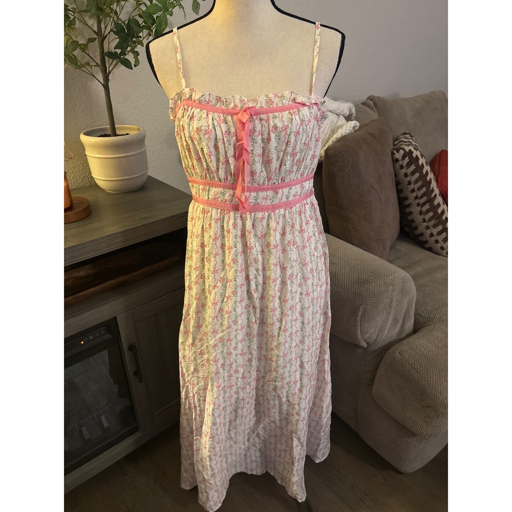Blu Pepper Floral Bow Print Smocked Midi Dress Pink White CR2603 Large